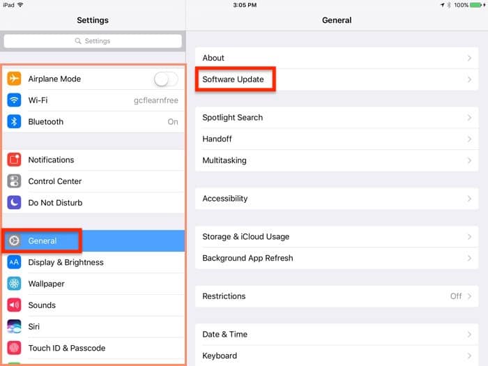 iPadOS settings menu