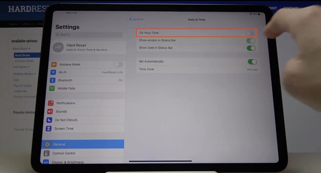 Apple iPad Date and Time Settings 24 hour time
