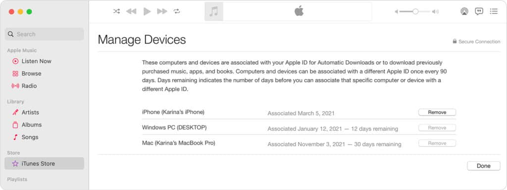 Apple iTunes Manage Devices