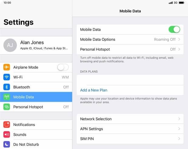 Apple iPad Settings Mobile Data