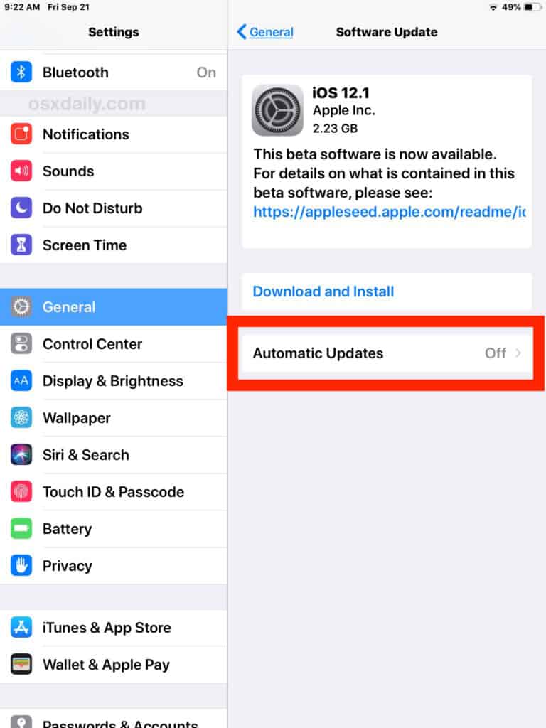 Apple iPad Settings Enable Automatic Updates