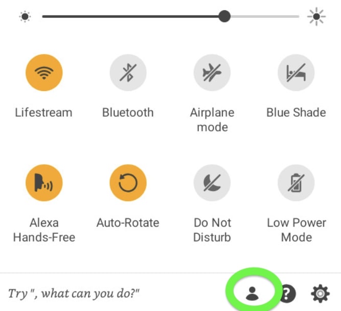 Amazon Fire Tablet Quick Settings User Profile icon