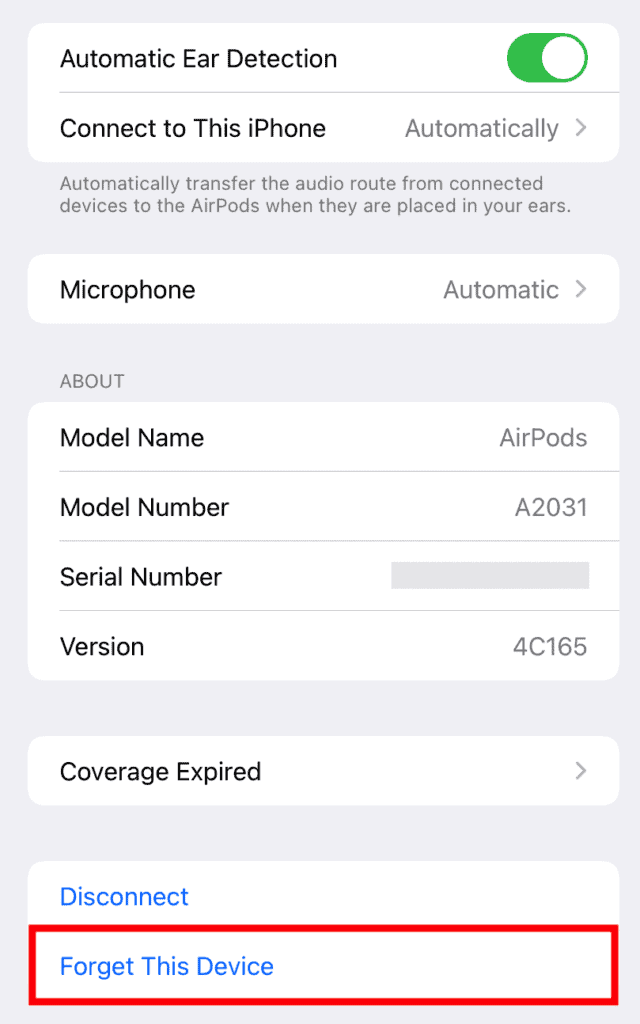 Apple AirPods Settings Forget this Device